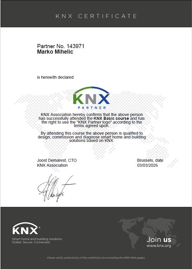 KNX certifikat certificiranega KNX sistemskega integratorja